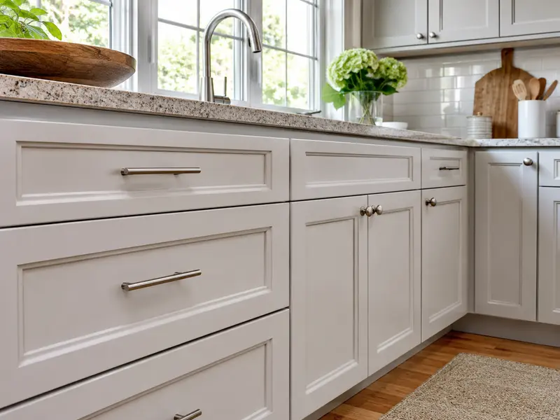 Close-up of painted kitchen cabinet doors and drawer fronts