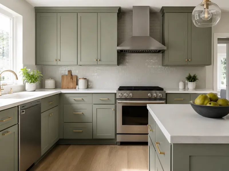 Sage green kitchen cabinets after a colour change