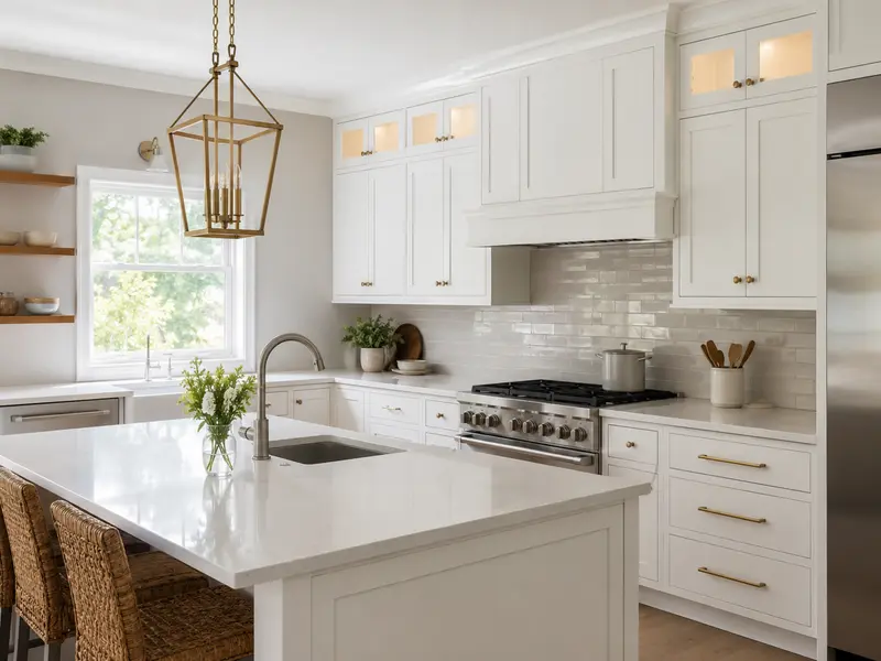 White shaker kitchen cabinets with brass hardware