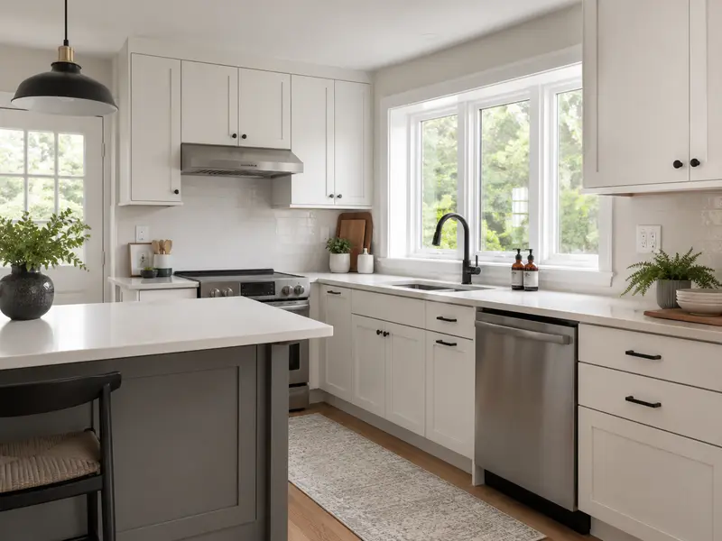 White kitchen cabinets with black hardware